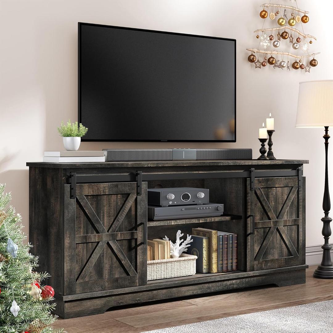 YITAHOME Farmhouse TV Stand for 65 Inch Television Stand, Entertainment Center with Storage Cabinets and Sliding Barn Doors, Rustic Media TV Console Table for Living Room, Dark Rustic Oak