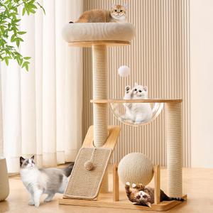 HITTITE Solid Wood Cat Tree Tower with Scratching Post, 37.8 Inches Tall Cat Towers with Scratching Board and Scratcher Ball, Modern Cat Tower With Space Capsule and Removable Top Bed for Indoor Cats.