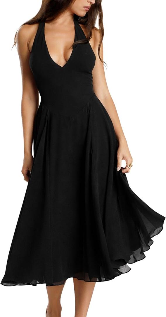 YMDUCH Women's Sexy Sleeveless Halter V Neck Mesh Sheer A-line Cocktail Party Midi Dresses (Black, S)
