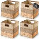 13x13 Storage Cube Bins, Wicker Storage Basket for Cube Shelf, Natural Foldable Cube Storage Bin, Cube Storage Baskets, Large Woven Baskets, Square Wicker Baskets for Organizing Set of 4 (13x13x13)