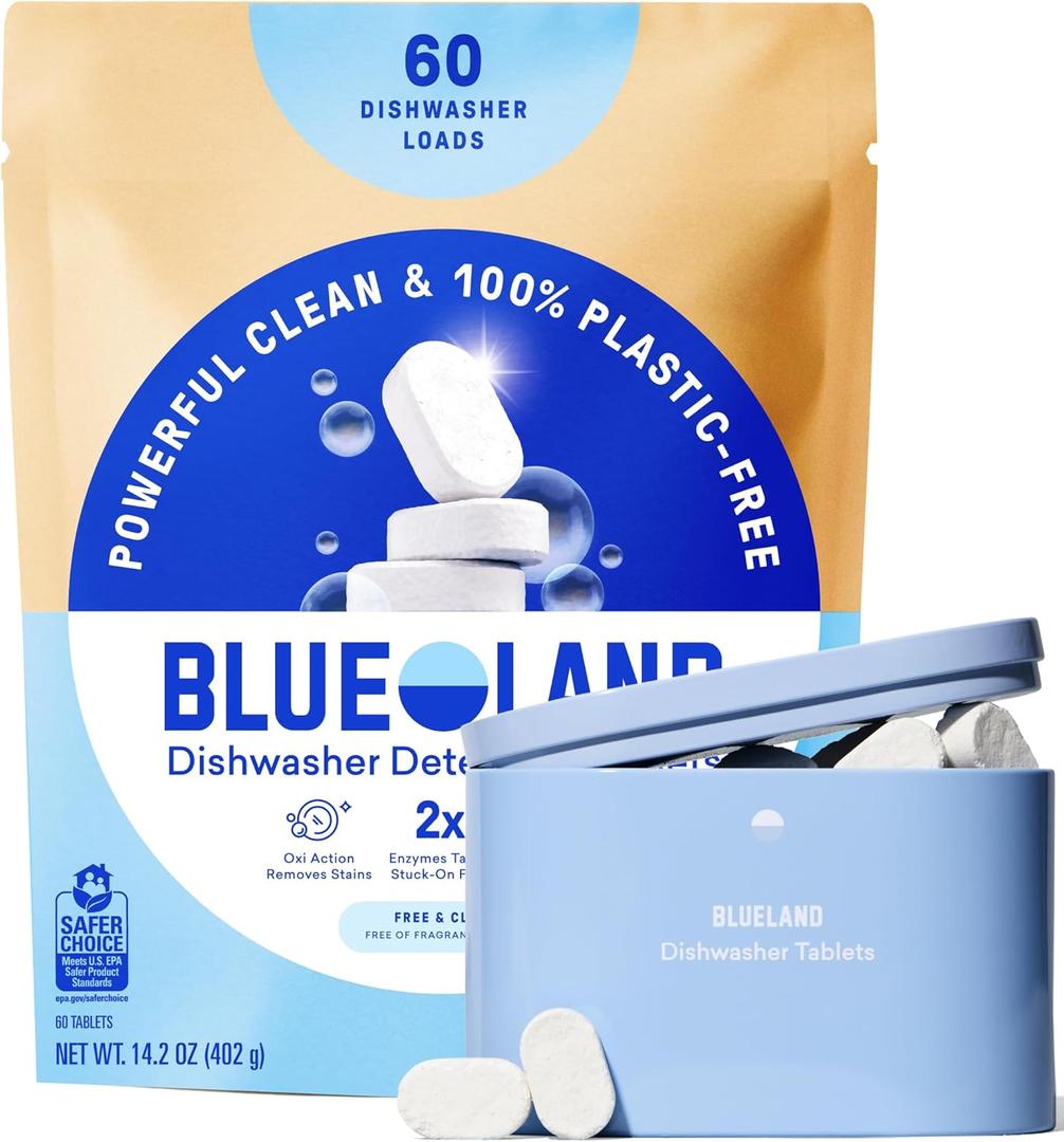 BLUELAND 100% Plastic-Free Dishwasher Detergent Tablets, Starter Set, 60 Count with tin, Free & Clear, Eco-Friendly Dishwashing Pods, Natural, USDA Certified bio based