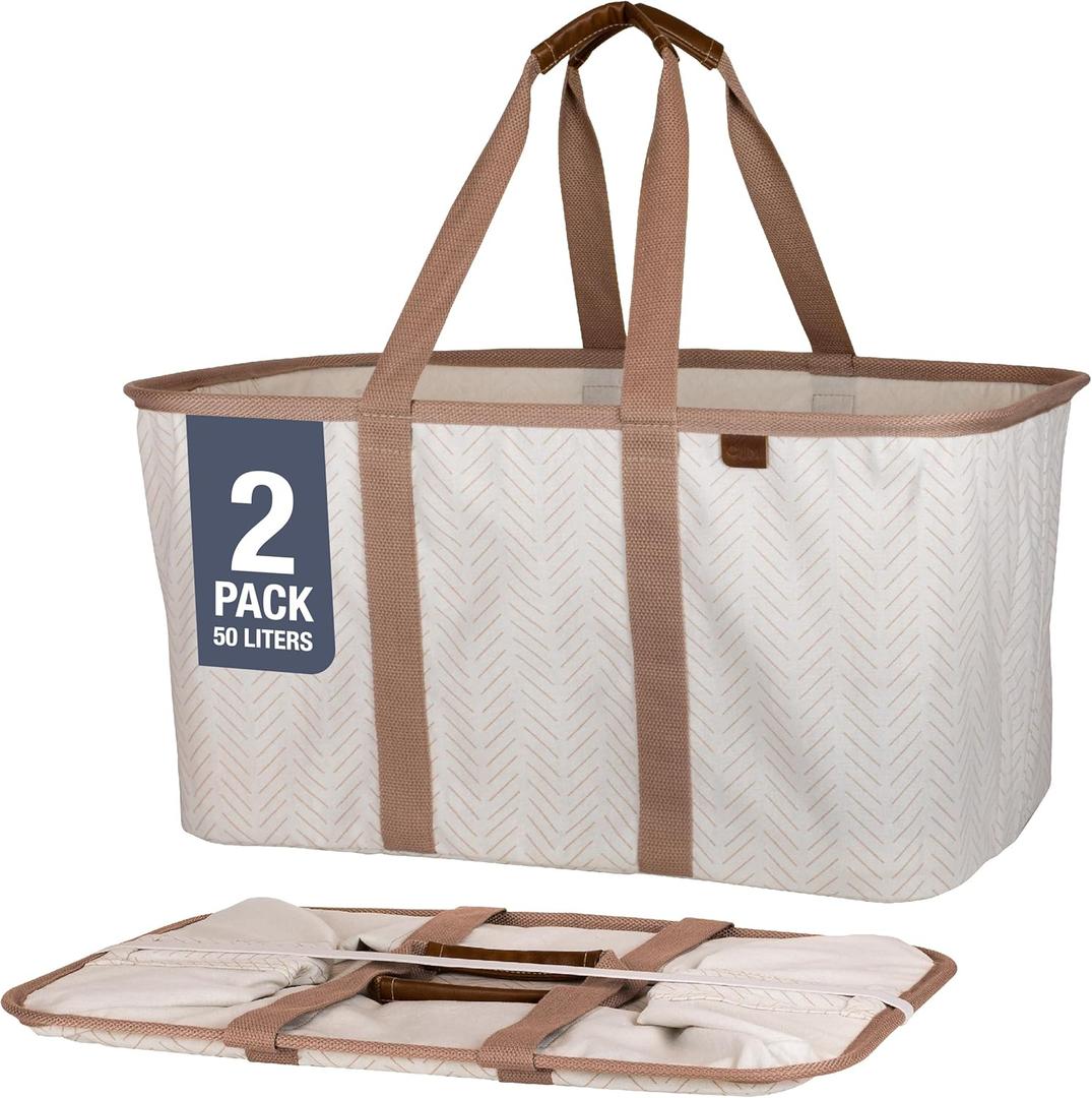 CleverMade Collapsible Laundry Tote - LUXE Cream Herringbone 2Pack 50L -Foldable Storage Organization Container Clothes Laundry Room Storage Solution