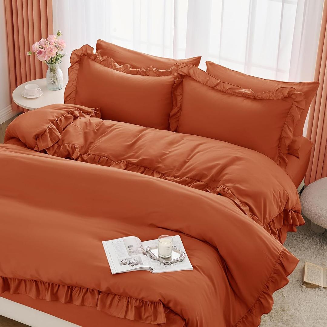 Horbaunal 5 Pcs Burnt Orange Ruffle Duvet Cover King Size Soft Microfiber Shabby Chic Ruffled Duvet Cover Set, Vintage French Country Ruffle Bedding Set with Zipper Closure & Corner Ties, 90" x 104"