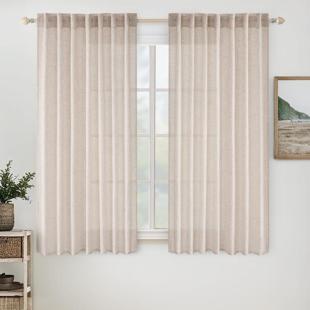 MIULEE Natural White Linen Curtains 45 Inch Length 2 Panels for Kitchen Bedroom Living Room, Soft Thick Linen Textured Short Basement Window Drapes Semi Sheer Light Filtering Back Tab Rod Pocket