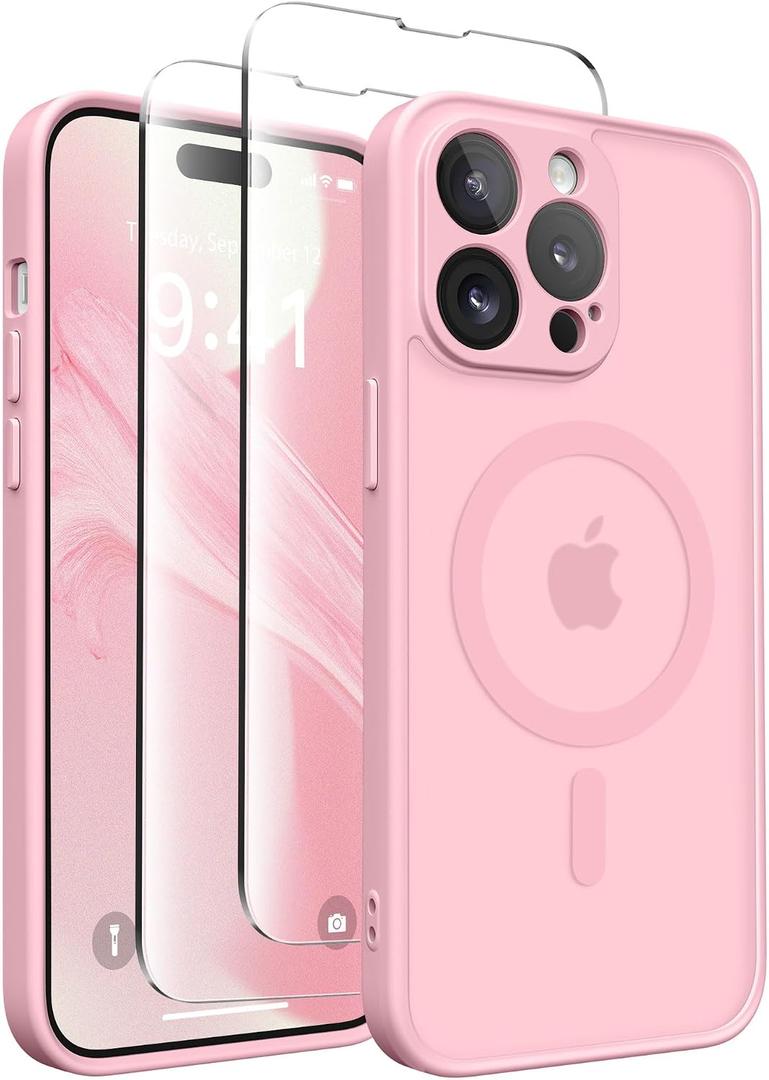 CAPRARO Magnetic for iPhone 14 Pro Case, [Compatible with MagSafe] [Full Camera Protection] Shockproof Protective Slim Translucent Matte Phone Case for iPhone 14 Pro 6.1'', Peach Pink