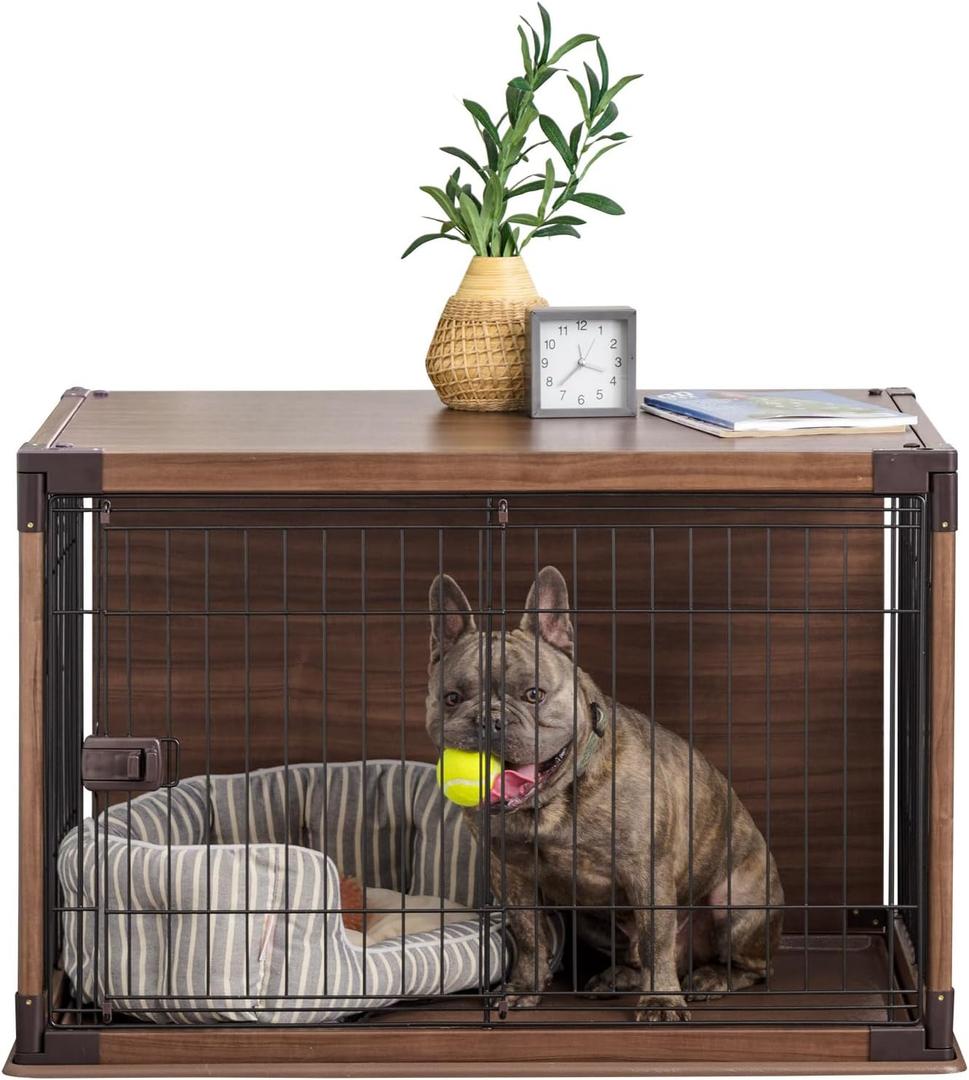 IRIS USA Modern Wooden Dog Crate Stylish Furniture-Style Indoor Kennel & End Table for Small to Medium Dogs, Secure Enclosed Pet Cage with Sliding Door, Dark Brown