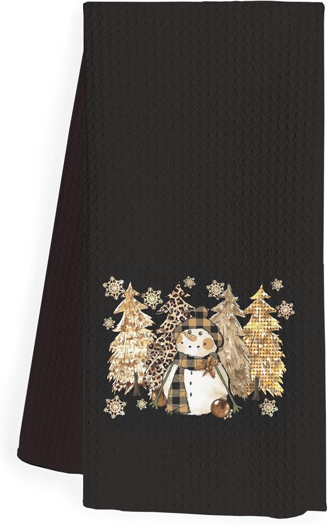 Christmas Snowman Gifts Kitchen Towels, Black and Gold Xmas Tea Dish Towels for Kitchen Bar Decor, Christmas Snowamn Hand Towels for Bathroom Washroom Decor, 16x24 Inch