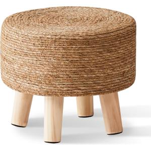 Cpintltr Foot Stool Natural Seagrass Hand Weave Poufs Round Ottoman for Couch Desk Soft Step Stool Padded Foot Rest with Non-Skid Pine Legs for Hallway Office Lounge Natural
