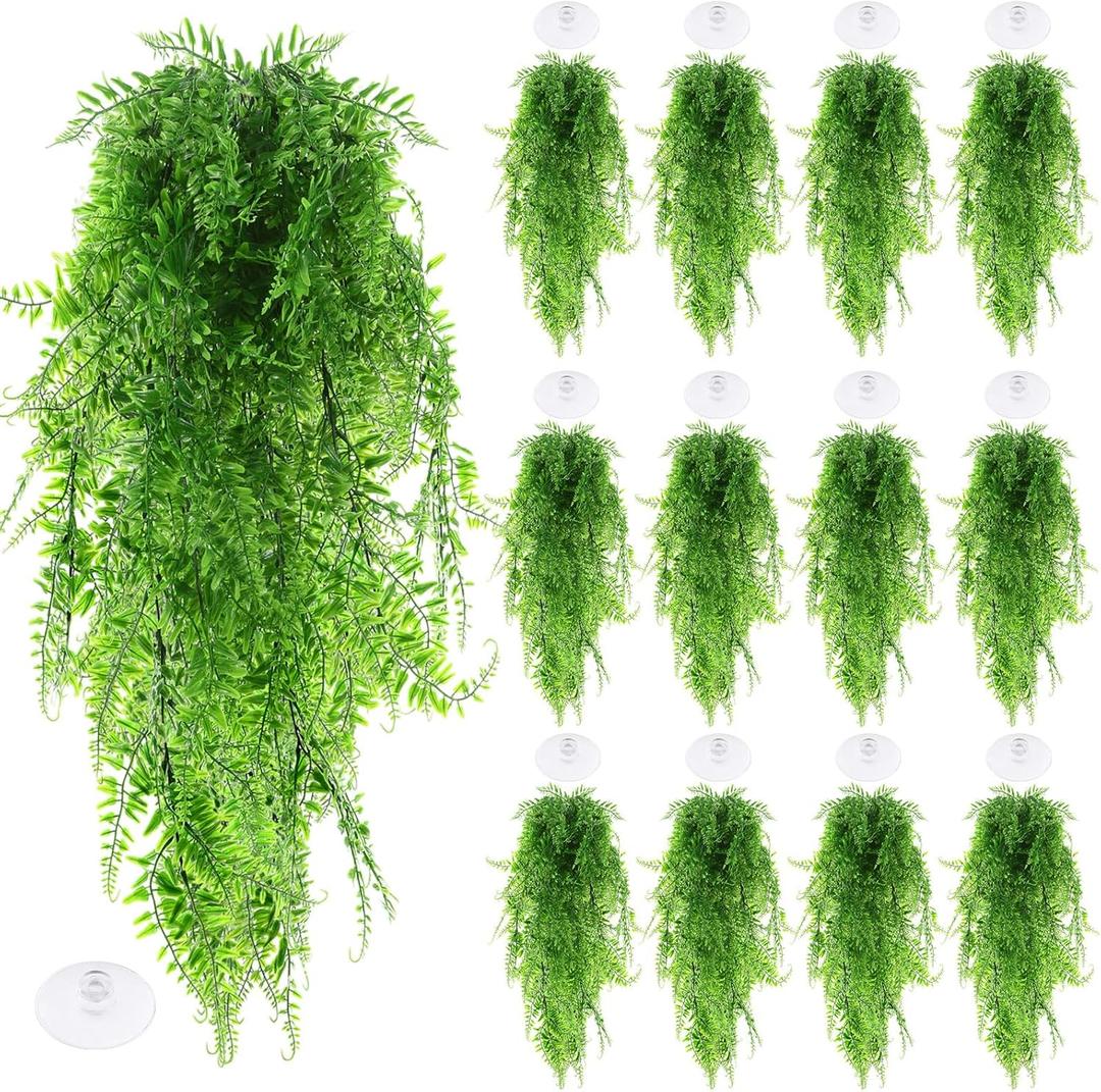 12 Pcs Reptile Plants for Terrarium Fake Reptile Plants Bearded Dragon Tank Accessories Fake Hanging Vines Artificial Leaves with Suction Cup Lizards Geckos Snake Pets Hermit Crab Habitat Decor