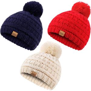 REDESS Baby Kids Winter Warm Hats, Infant Toddler Children Pom Pom Beanie Knit Cap Girls Boys (0-3T, Beige+red+navy)