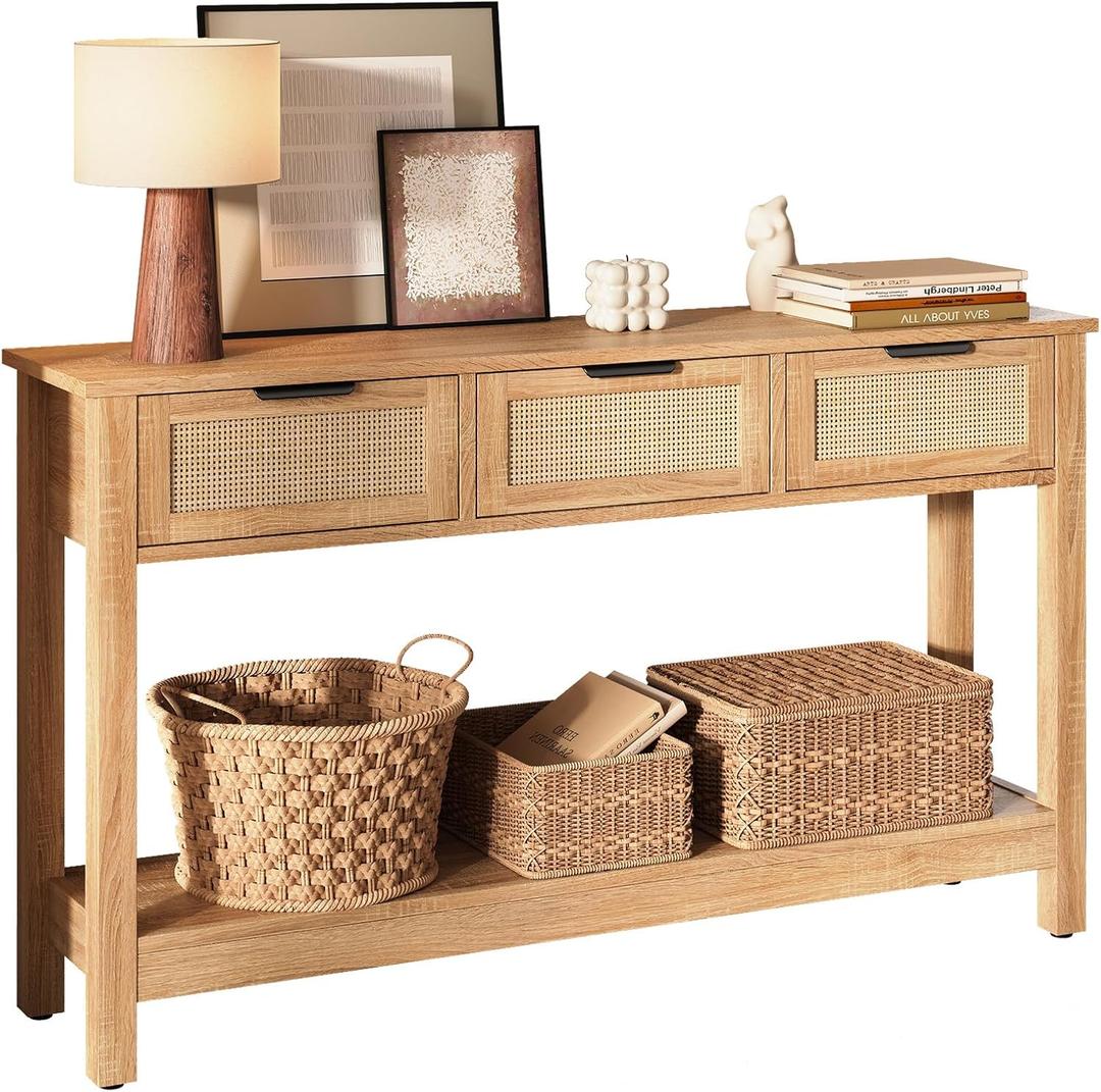 Luoxiao Console Table 3 Drawers Entryway Table with Anti-Tip Design - 47 Inches Narrow Long Sofa Table Storage Shelf Behind Couch Living Room Entry Way Table Entrance Hallway Foyer, Natural