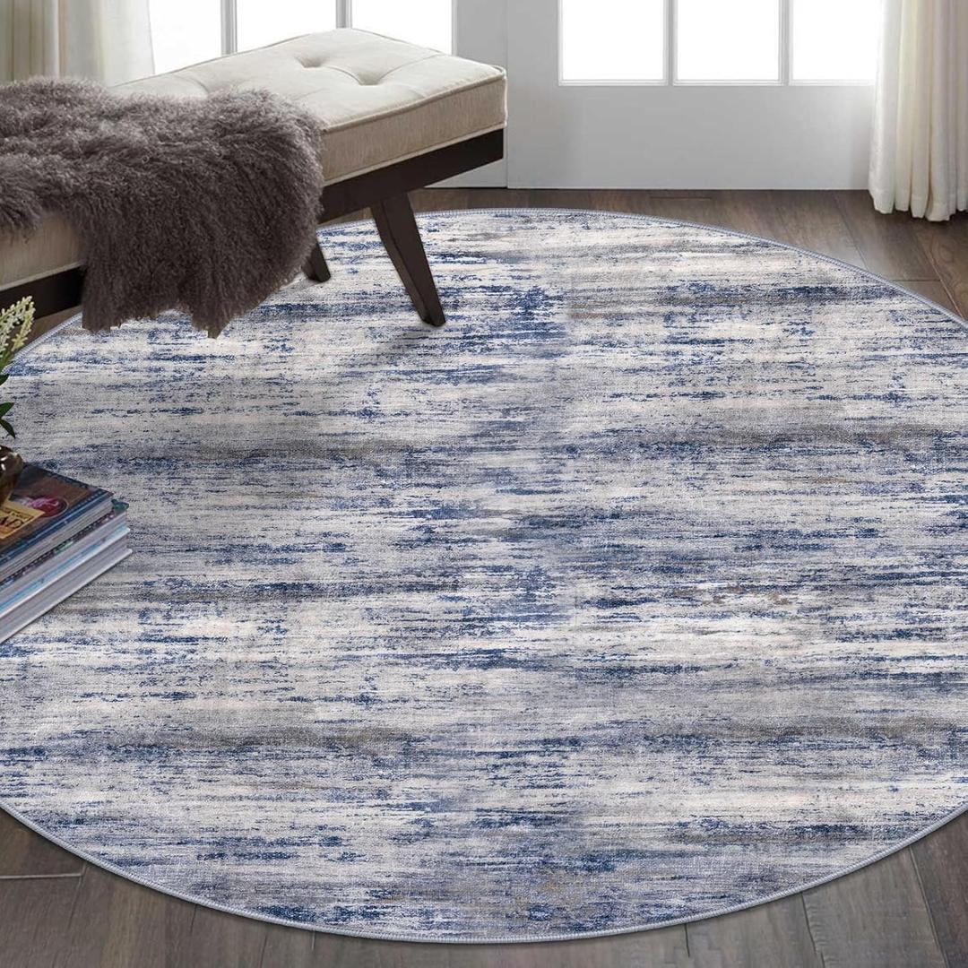 KOZYFLY Round Area Rugs 6Ft Modern Abstract Ombre Circle Rug for Bedroom, Washable Rug Non-Slip Soft Striped Living Room Area Rug, Print Grey-Blue Carpet for Laundry Nursery