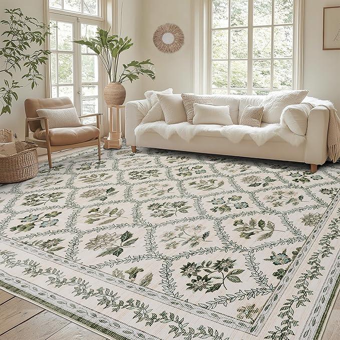 Olive Green Area Rug for Living Room 6x9 Decor Floral Area Rugs for Bedroom Dining Room Machine Washable Boho Vintage Farmhouse Floral Carpet, Hunter Green and Beige Cream