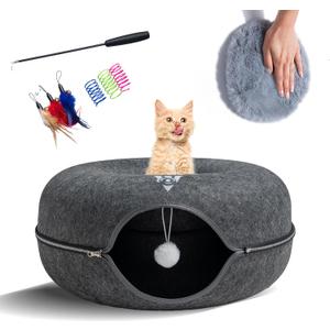Premium Large Size 24 Inch Cat Tunnel Bed - With Upgraded Metal Zipper - Detachable Round Design - Washable - and Scratch Resistant - Includes 3 Toys and Removable Cushion