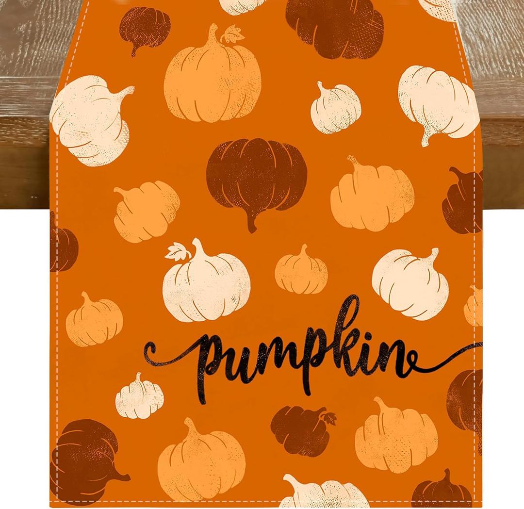 RABUSOFA Orange Rust White Pumpkin Fall Table Runner,Seasonal Autumn Kitchen Dining Table Holiday Thanksgiving Decoration for Home Party Decor 13x90 Inch