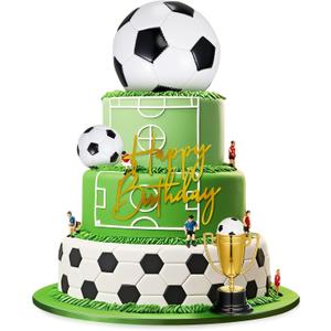 Large Soccer Ball Cake Toppers 8pcs Include 5 Soccer Balls of Different Sizes 2 Trophies and 1 Happy Birthday Sign for Football Cake Decorations Sport Theme Party Favors Ceremony