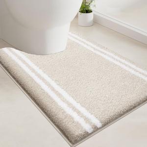 PURRUGS Bathroom Rug Non-Slip Machine Washable 20" x 24" U-Shaped, Super Absorbent and Quick Dry Shaggy Microfiber Bath Mat, Extra Soft and Plush Contour Rug for Toilet Base, Beige