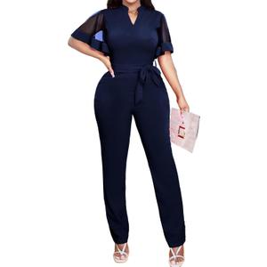 Yiershu Women's Jumpsuits Casual Dressy One Piece Outfits V Neck Formal Short Sleeve Mesh Ruffle Sleeve Romper (Large)