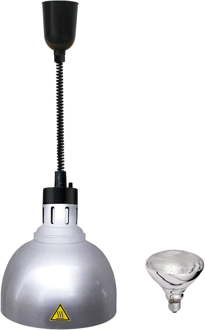 Hanging Food Heat Lamps Ceiling Food Warmer with Infrared Bulb Warming Lamps Retractable Style (Dia25cm(Silver))