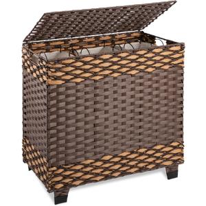OIAHOMY Laundry Hamper with Lid, 140L Synthetic Rattan Clothes Hamper with Handles, Handwoven Large Laundry Basket with 3 Removable Liner Bags, Foldable, Laundry Room, 27*13*26 Inches, Gradient Brown