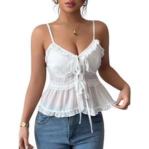 SweatyRocks Women's Y2k V Neck Ruffle Trim Tops Summer Sleeveless Spaghetti Strap Women Shirts (White, S)