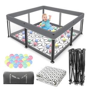 Foldable Baby Playpen with Mat - Portable,Spacious & Sturdy Playpen for Babies and Toddlers,Quick 1-Minute Setup,Travel-Friendly, Collapsible Play Pen for Indoor and Outdoor Use (Grey, 50x50 inches)