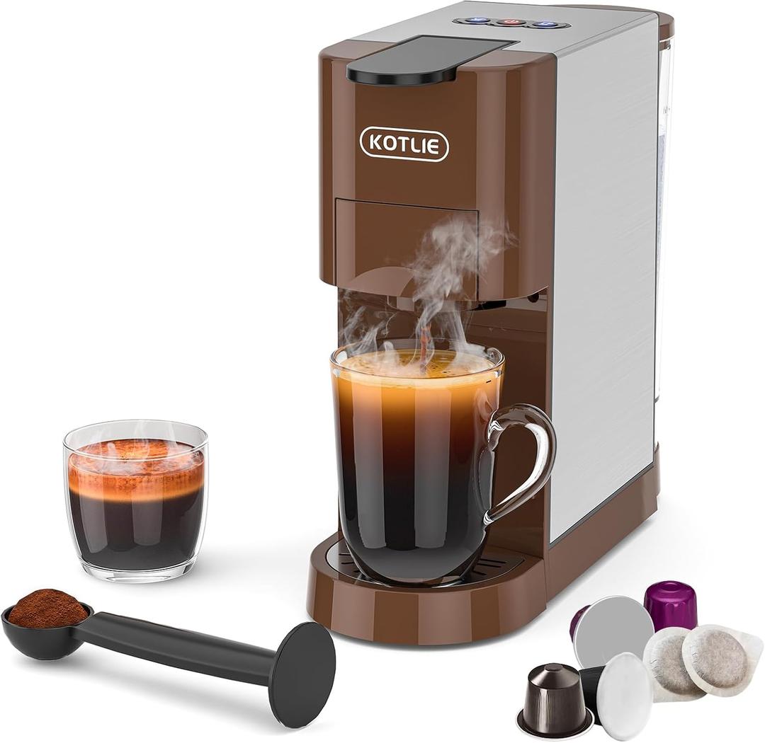 KOTLIE 4in1 Espresso Machine Single Serve Coffee Maker for NES*Original/KEU* K*cups/Ground Coffee/illy Coffee ESE,19Bar Espresso Maker, 1450W Coffee Machine