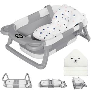 MoreFeel Collapsible Baby Bathtub for Newborn with Thermometer & 1 Hooded Towel & 1 Soft Floating Cushion,Portable Travel Bathtub with Drain Hole, Durable Foldable Baby Tubs for Infants to Toddler (Grey)