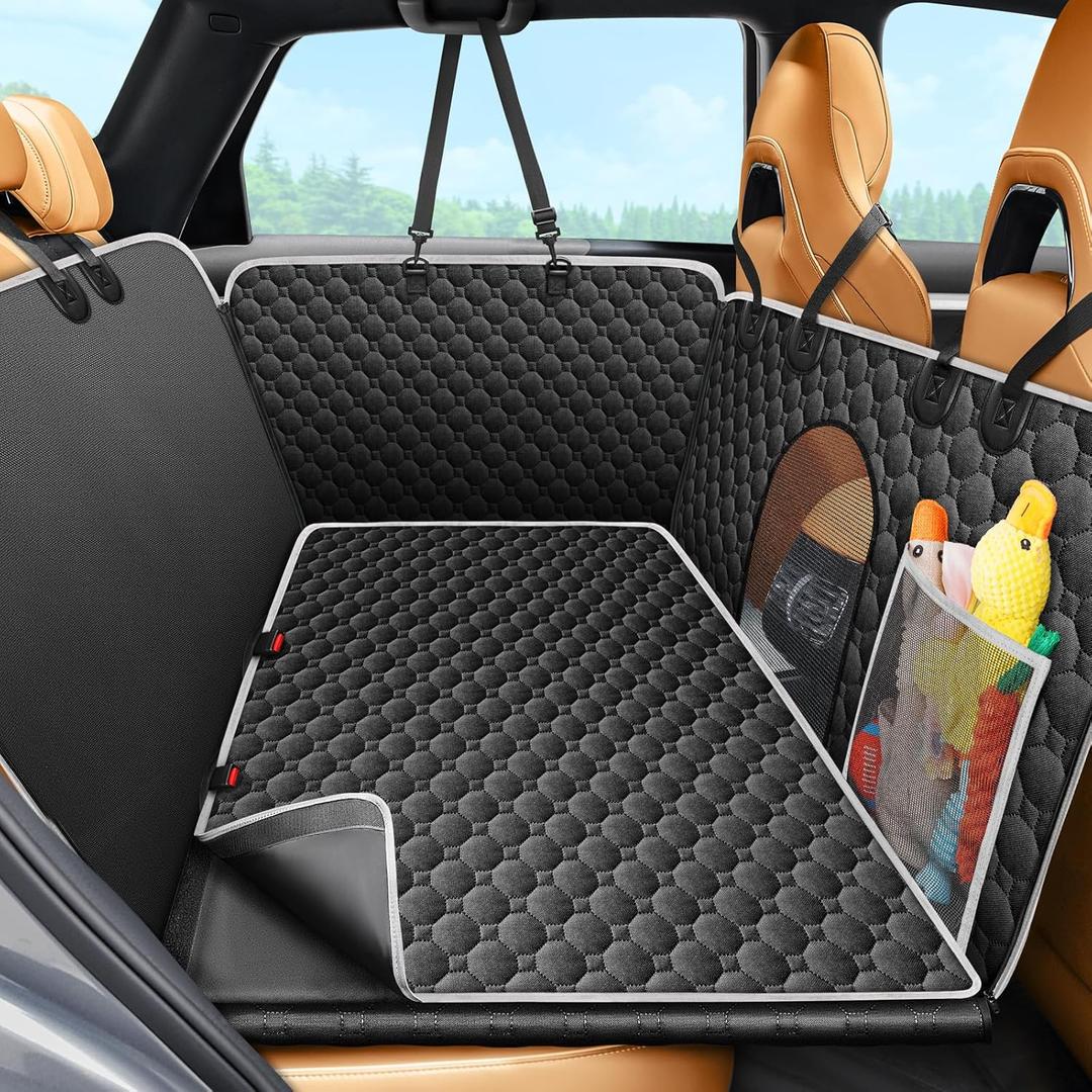 Mancro Back Seat Extender for Dogs with Detachable Mat,Hard Bottom Car Seat Cover for Dogs Supports 400lbs, Waterproof Dog Car Seat Cover for Back Seat, 600D Scratch-Proof Dog Hammock for Car,Black