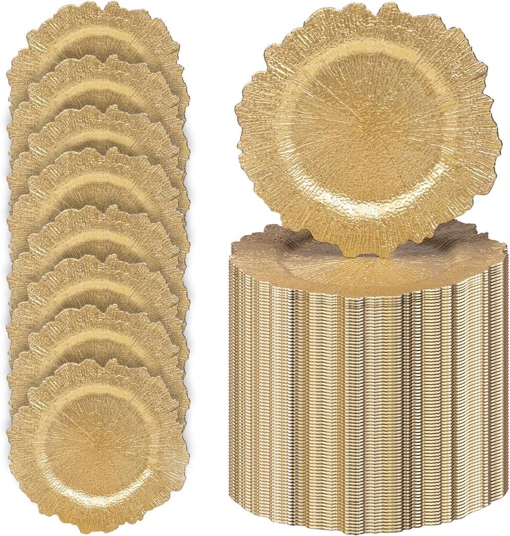MAONAME 13" Gold Charger Plates, Round Reef Chargers for Dinner Plates, Plastic Plate Chargers Bulk for Table Setting, Wedding Decor, Set of 100