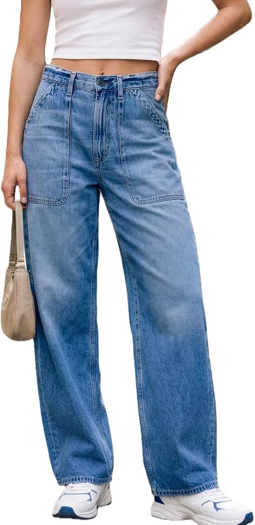 Women's Wide Loose Straight Leg Cargo Jeans Trendy High Waisted Jeans for Women Casual 90s Y2K Baggy Denim Pants with Pockets (Mid Blue XS)