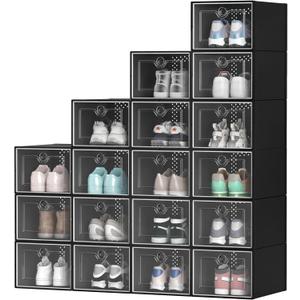 YITAHOME X-Large 18 Pack Shoe Boxes Fit up to US Size 15, Stackable Shoe Storage Organizer for Closet, Clear Plastic Shoe Rack Sneaker Containers Bins with Lids (XL, Black)