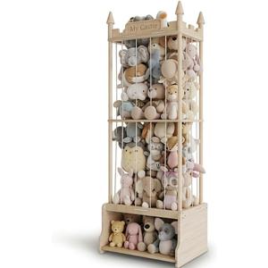 Knot-Free Wooden Stuffed Animal Storage Tower with Pre-Installed Cords, Montessori Stuffed Animal Zoo Furniture with Castle Top & Toy Chest, 57" Hand-Sanded Natural Wood (Montessori Castle), Large