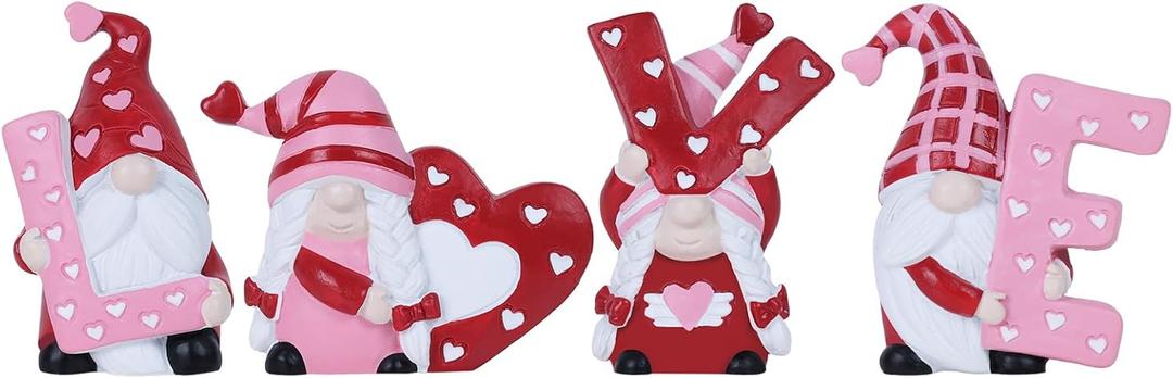 MEETYAMOR Valentines Day Decor, 4 PCS Resin Love Gnomes Figurines for Valentines Day Decorations, Sweet Heart Gnome Statues for Home Indoor Living Room Table Mantle Shelf Tired Tray, Red Pink