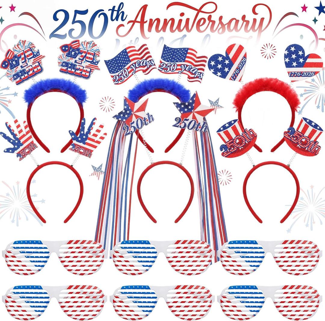 Huwena 12 Pcs 250th Anniversary 4th of July Headbands Glasses Patriotic Photo Booth Prop Fourth of July Accessories Decor Independence Day Party Favor Red White Blue Headband for Memorial Day Supplies