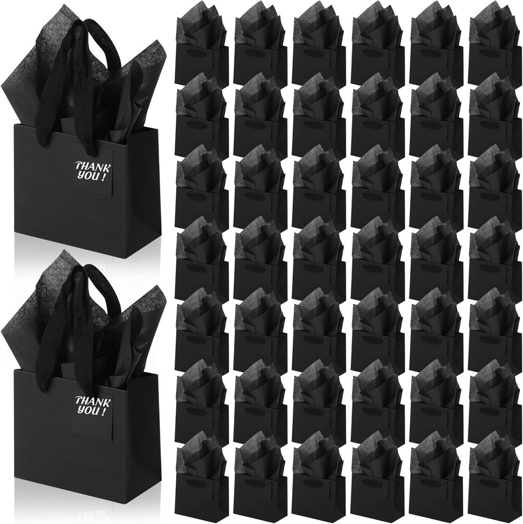 Zhanmai 100 Pcs 4.7 x 2.4 x 3.9 Inch Mini Gift Bags Bulk with Tissue Paper Kraft Paper Bag with Handle Gift Tag for Birthday Party, Halloween, Thanksgiving, Christmas, Wedding Showers (Black)