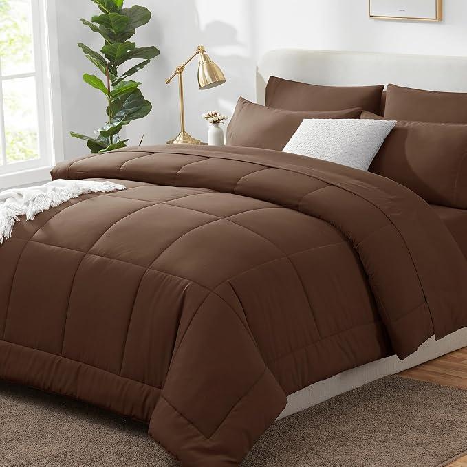 All Season Queen Size Bed Comforter - Cooling Goose Down Alternative Quilted Duvet Insert with Corner Tabs - Winter Warm - Machine Washable - Brown