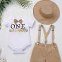 OBEEII First Birthday Outfit Baby Boy Cake Smash Outfit Safari Zookeeper Animal Lion Bow Tie Romper + Suspender Shorts + Hat (White)
