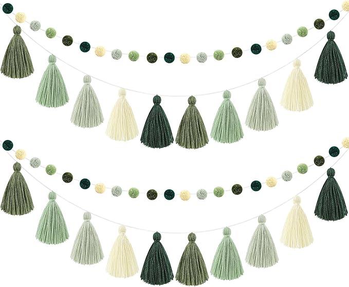 Syhood 4 Pcs Christmas Pom Pom Tassel Garland Felt Pompom Ball Banner Christmas Tassel Garland for Xmas Tree Hanging Decorations Party Supplies Home Decor(Sage Green)