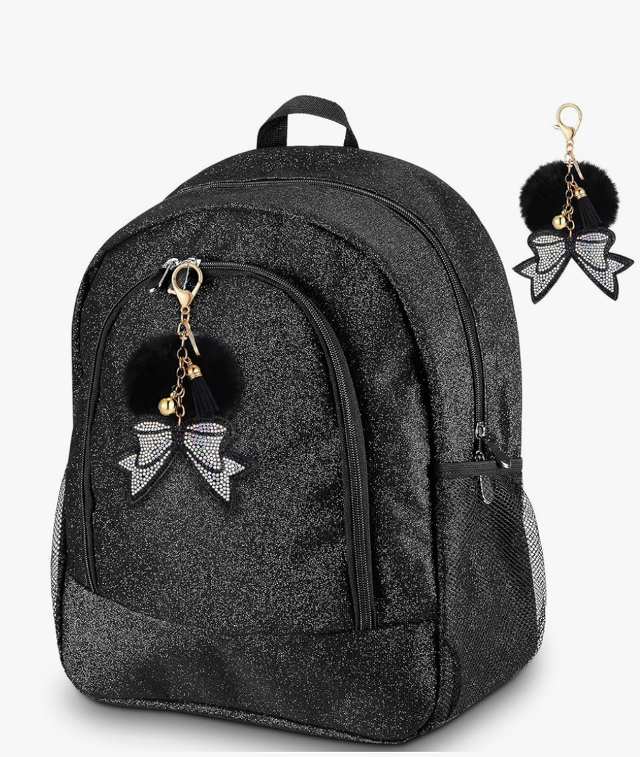 Large Cheer Backpack with Bow Keychain Cheerleading Glitter Backpack Cheerleaders Gift Cheer Bags for Sport(Black)