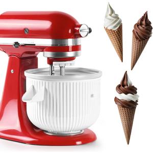 Ice Cream Maker Attachment for KitchenAid 4.5/5QT & 6QT Mixers, Frozen Ice Cream & Sorbet Gelato Maker for KitchenAid, 2 Quart, White, Not Dishwasher Safe
