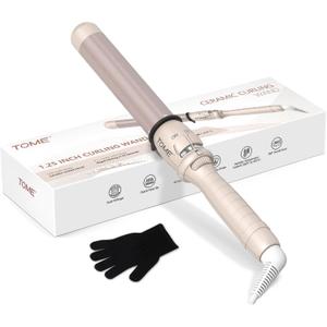 TOME 1.25 Inch (32mm) Large Barrel Curling Wand Hair Curler, Ceramic Curling Iron with 7 Heat Settings Dial 180410F, PTC Fast Heat, Dual Voltage 110240V, Auto Shut-Off, Cool Tip, Glove Included