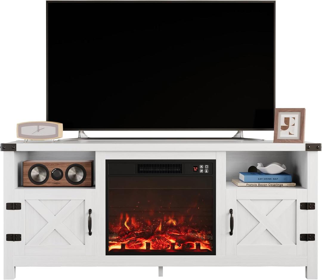 Furmax Fireplace TV Stand for 65 Inch TV, Fireplace Entertainment Center with Storage Cabinets and 2 Open Shelves, Modern Media TV Console Table for Living Room (White)