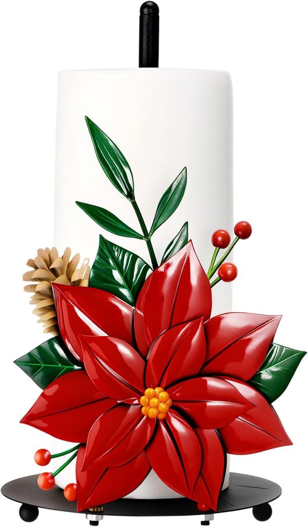 LemonRoad Christmas Poinsettia Paper Towel Holder, Red Poinsettia Christmas Decorations, Metal Paper Towel Holder for Kitchen Countertop Bathroom Home Farmhouse Xmas Decor Indoor