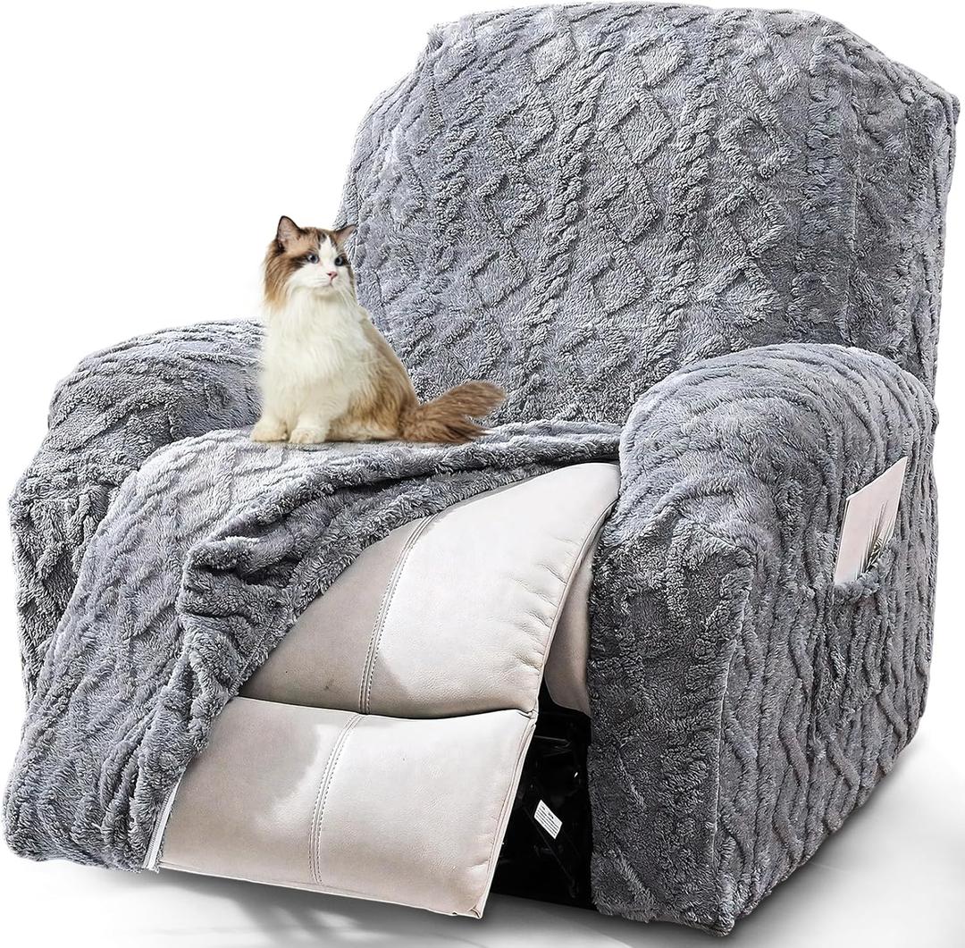 JOKIVTOU Recliner Chair Covers 4-Pieces Reclining Chair Slipcovers with Pocket& Elastic Bottom, Soft Feel Fitted Lazy Boy Sofa Couch Cover Washable, Stretch Recliner Furniture Protector (1 Seater, Grey)