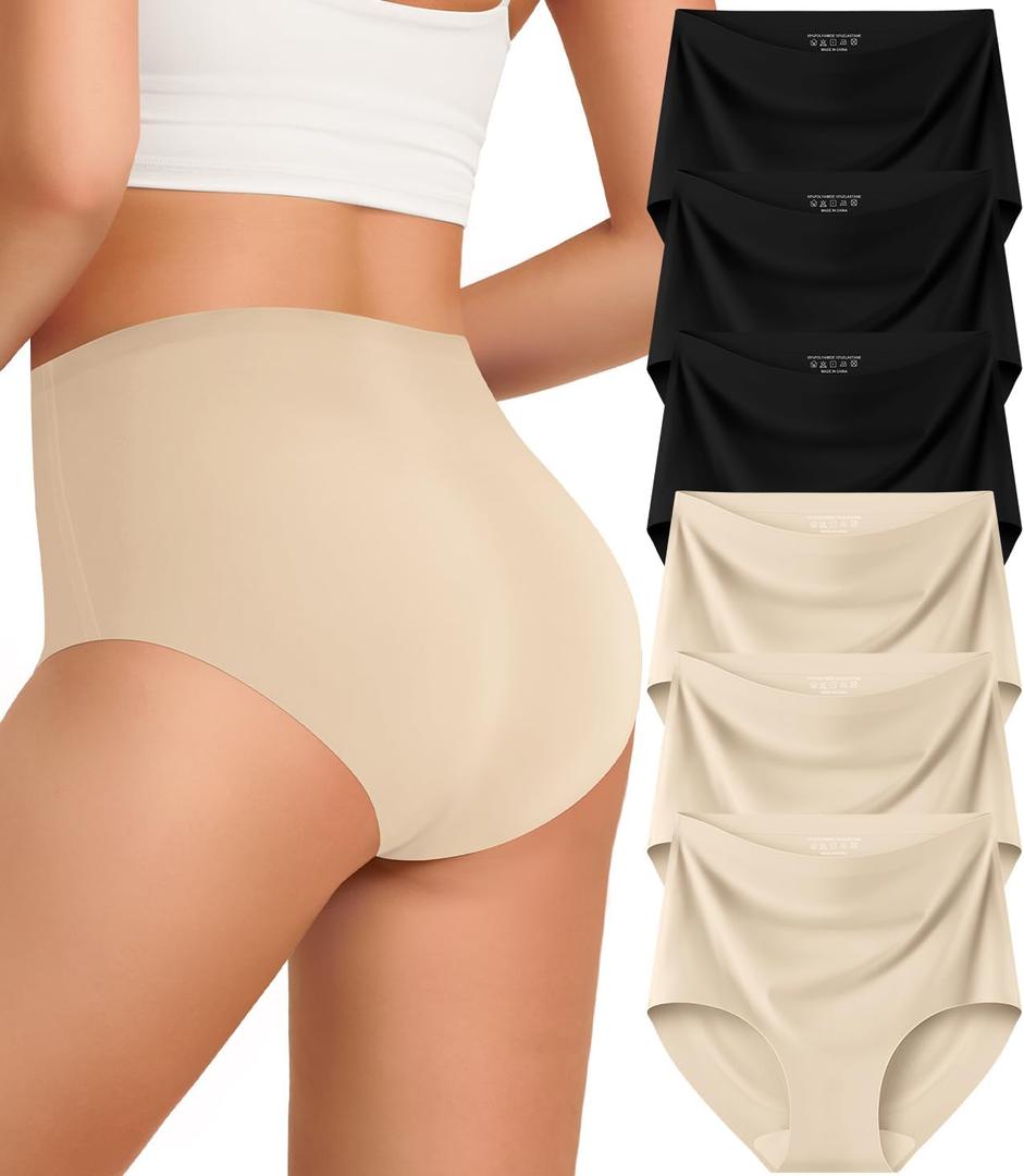 Kalapa Womens Underwear Seamless Full Coverage Breathable Briefs No Show Silky Stretch High Waisted Ladies Panties 6 Pack (X-Large, 3 Black 3 Nude)