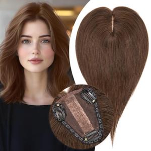 S-noilite Hair Toppers for Women Real Human Hair 3D 360 Cover Clip in 100% Real Human Hair Toppers 3*4 Clip in Silk Base 12 inch Dark Brown