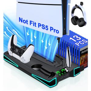 PS5 Stand, PS5/PS5 Slim Cooling Station with 3-Level Cooling Fan, Controller Charger Station for PS5 Accessories, Light, Headset Holder, 3 Charger Ports for PlayStation 5 Slim Console, Black