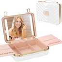 Kalolary Travel Makeup Train Cases with Lighted Mirror 3 Color Setting, Makeup Bag Cosmetic Case Organizer Adjustable Brightness Portable Makeup Storage Box For Makeup Brushes Accessories Tools,White