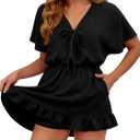 Womens Summer V Neck Tie High Waist Romper Short Baggy Sleeve Ruffle Hem Shorts Casual Flowy Jumpsuit with Pocket (Black, Medium)